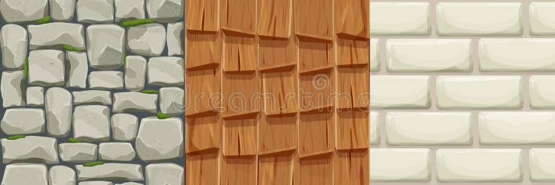 Set Stone and wood wall from bricks, rock, game background in cartoon style, seamless textured surface. Ui game asset