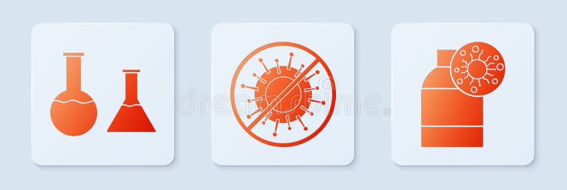 Set Stop Virus, Test Tube and Flask and Bottle with Virus. White Square