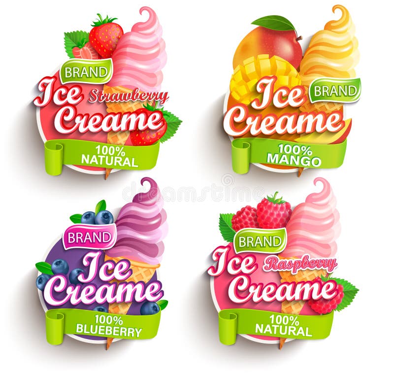 Set of strawberry, mango, blueberry, raspberry Ice cream logos.