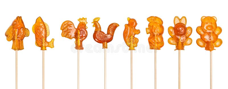 Set of sugar lollipops made in the shape of cockerels