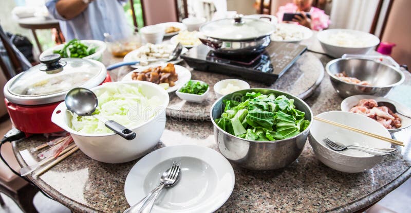 Set of sukiyaki on granite table