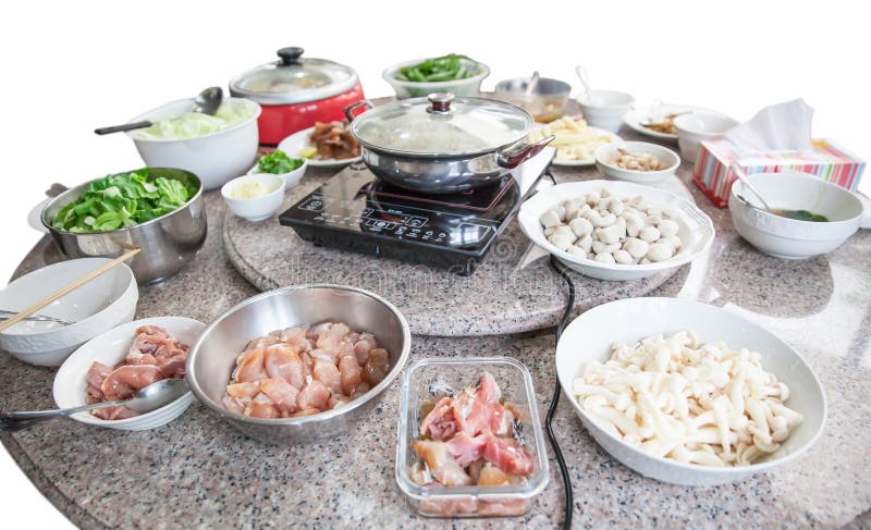 Set of sukiyaki on granite table