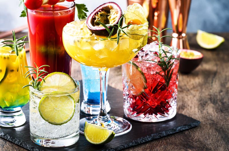 Set of Summer Alcoholic Cocktails, Popular Bright Refreshing Alcohol