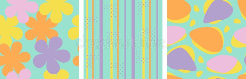 Set of summer fresh color vector seamless pattern. Colorful art abstract bright geometric print. Pastel yellow, pink, purple rose