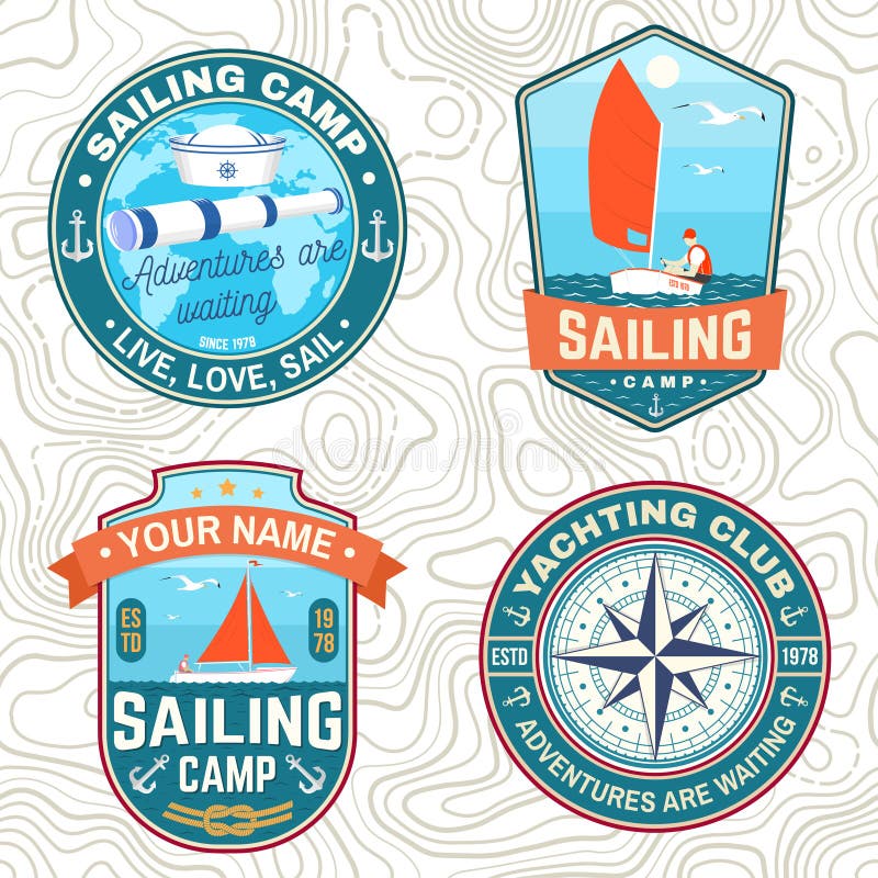 Set of summer sailing camp patches. Vector. Concept for shirt, stamp or tee. Vintage typography design with sea anchors