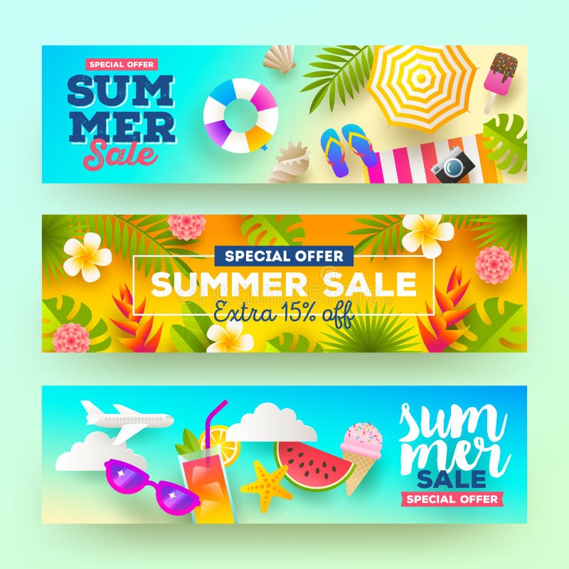 Set of summer sale banners. Vacation, holidays and travel colorful bright background.