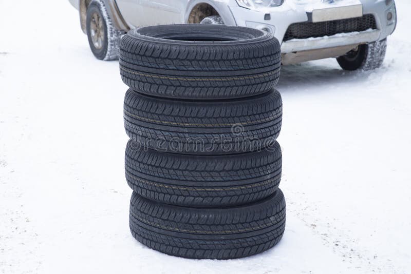 A Set of Summer Tires for a Car on the Street.Replacement of Car Tires