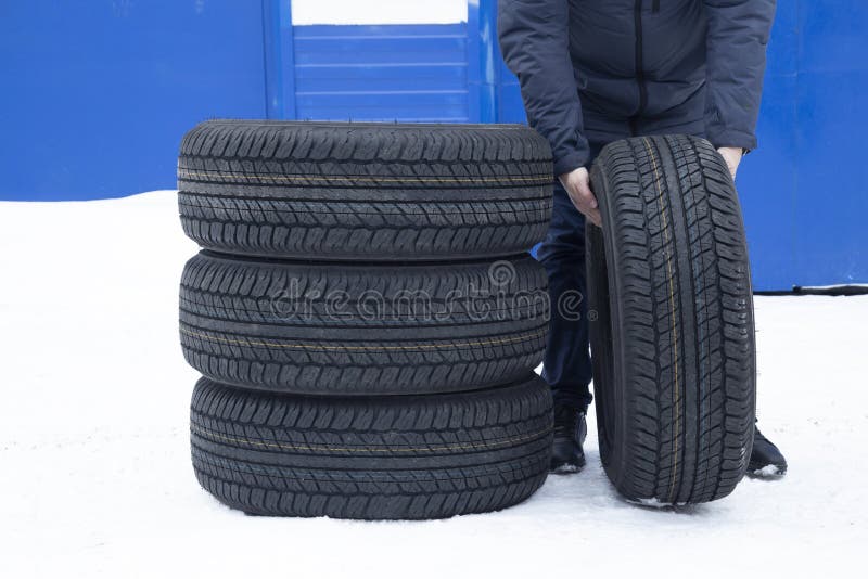 A Set of Summer Tires for a Car on the Street.Replacement of Car Tires