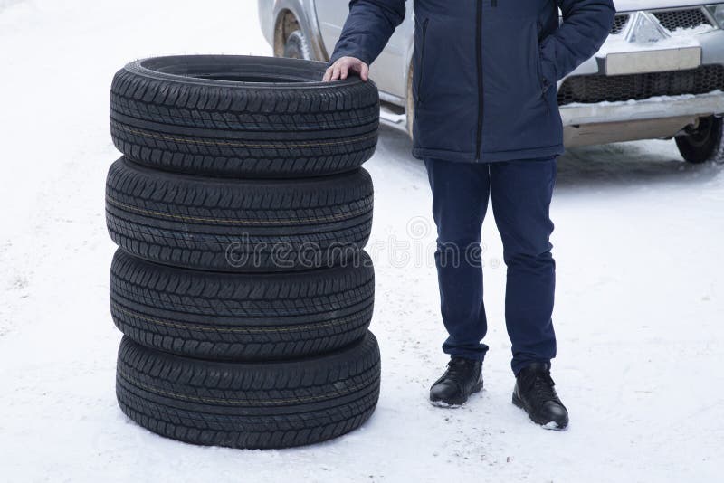 A Set of Summer Tires for a Car on the Street.Replacement of Car Tires Stock Image Image of
