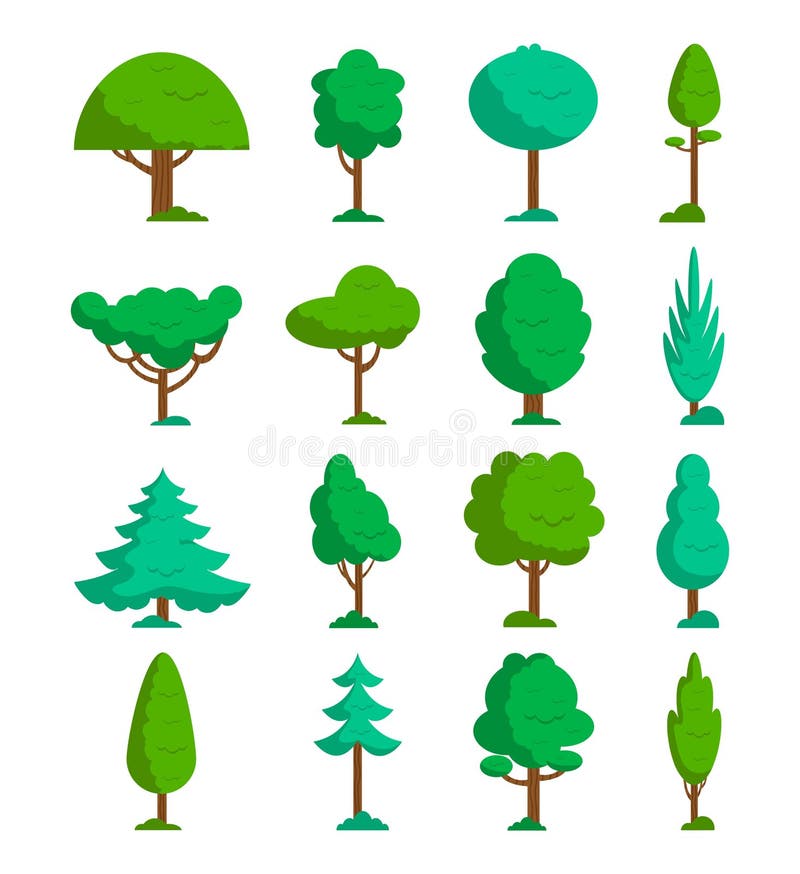 Set of summer trees with different leaves and shapes. Green trees set. Summer trees icon collection in flat style. Vector stock illustration Set of summer trees with different leaves and shapes. Green trees set. Summer trees icon collection in flat style. Vector stock illustration