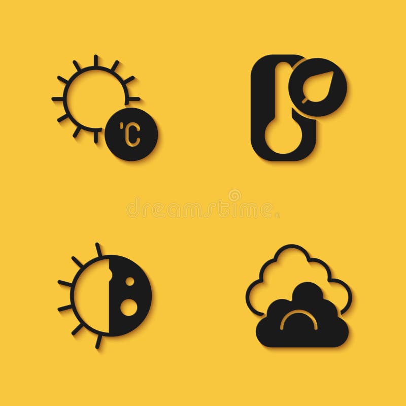 Set Sun, Cloud, Day Night Cycle and Thermometer Icon with Long Shadow ...