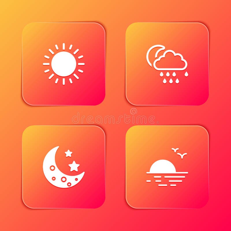 Set Sun, Cloud with Rain and Moon, Moon Stars and Sunset Icon. Vector ...