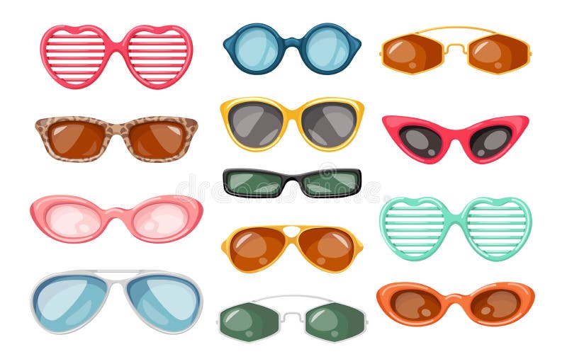 Set of Sunglasses, Summer Accessories for Eye Protection of Sun Rays, Different Modern Design, Stylish Glasses Isolated