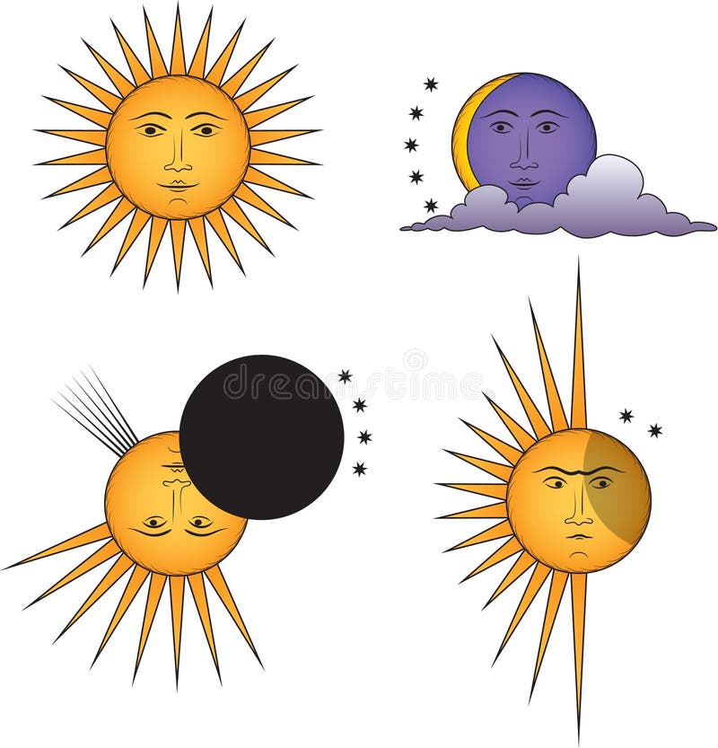 Vector Illustration of Moon and Sun Stock Vector - Illustration of etch ...