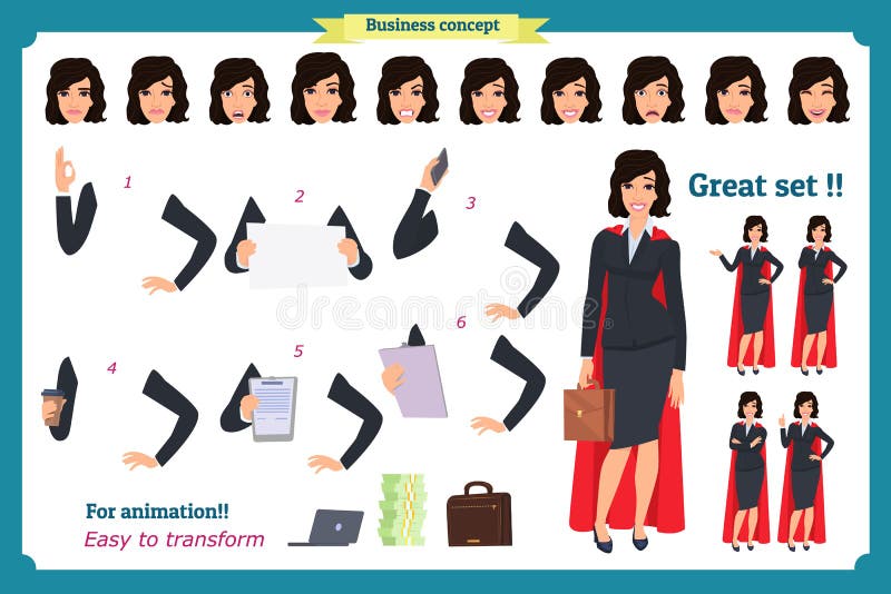 Set super bizneswomanu charakteru projekt z różnymi pozami Ilustracja odizolowywający wektor na bielu w płaskim kreskówka stylu royalty ilustracja Set super bizneswomanu charakteru projekt z różnymi pozami Ilustracja odizolowywający wektor na bielu w płaskim kreskówka stylu royalty ilustracja