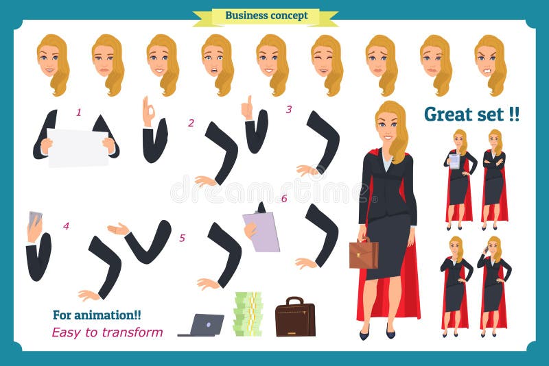 Set super bizneswomanu charakteru projekt z różnymi pozami Ilustracja odizolowywający wektor na bielu w płaskim kreskówka stylu royalty ilustracja Set super bizneswomanu charakteru projekt z różnymi pozami Ilustracja odizolowywający wektor na bielu w płaskim kreskówka stylu royalty ilustracja