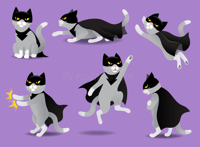 Set of superhero cat in black mask and cloak, different emotions, situations, super hero kitten fly, fight, vector illustration in flat style