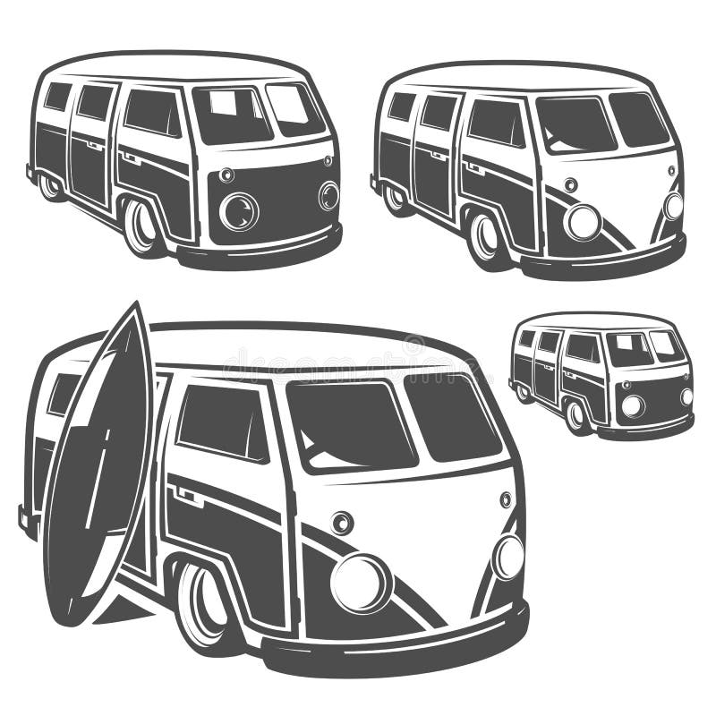 Set of surf car and surfer bus for emblems ,logo and prints.