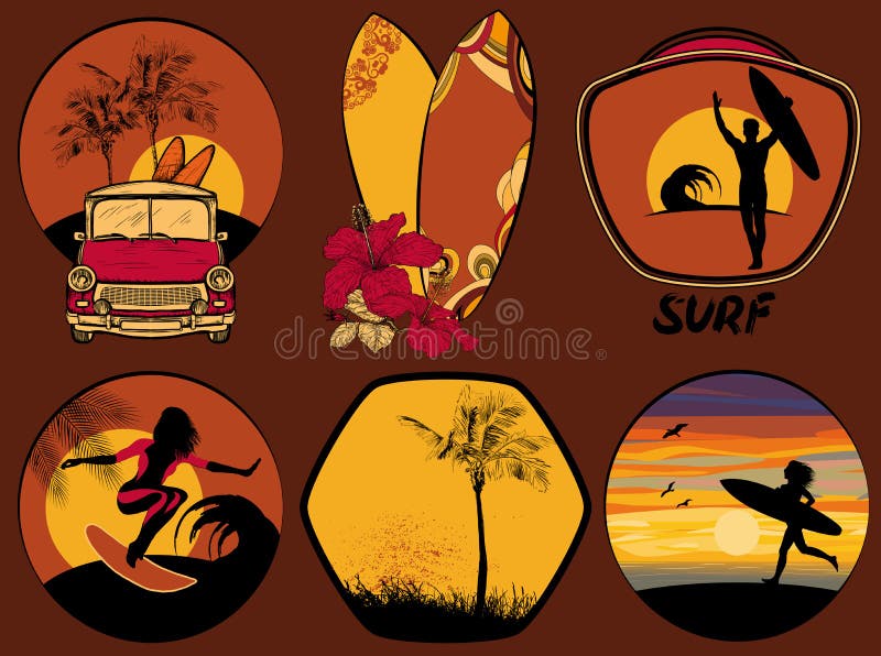 Set surfingu projekta plaża i ocean stylowe odznaki emblematy i royalty ilustracja Set surfingu projekta plaża i ocean stylowe odznaki emblematy i royalty ilustracja