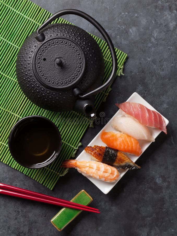 Set of sushi and green tea stock photo. Image of meal 67163250