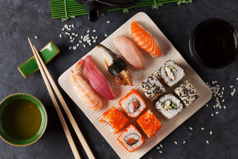 Set of Sushi, Maki and Green Tea Stock Image Image of bamboo