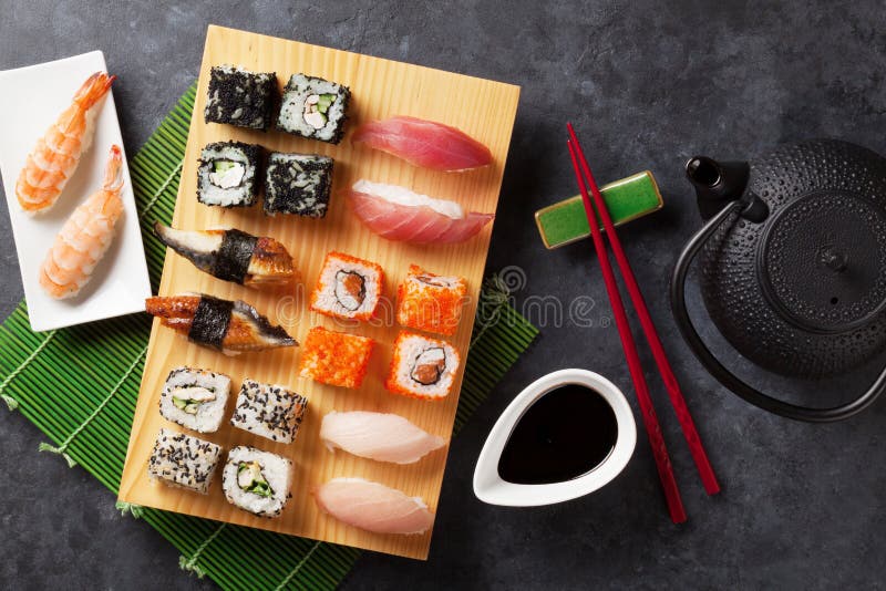 Set of Sushi, Maki and Green Tea Stock Image Image of stone, ginger