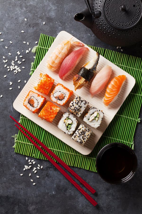 Set of Sushi, Maki and Green Tea Stock Photo Image of seafood, food