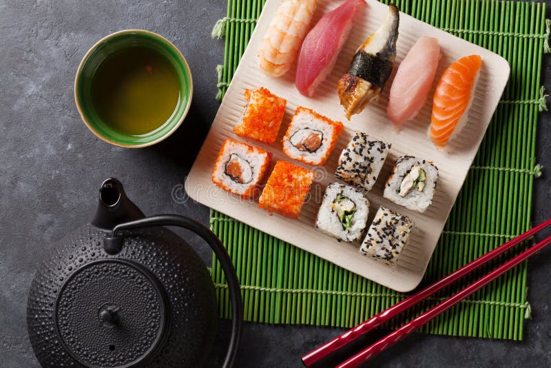 Set of Sushi, Maki and Green Tea Stock Image Image of sauce, bamboo