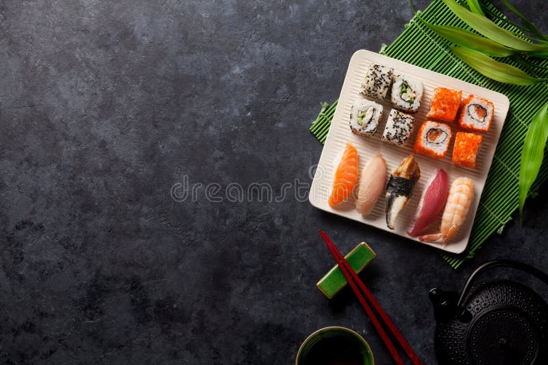 Set of Sushi, Maki and Green Tea Stock Photo Image of green, menu