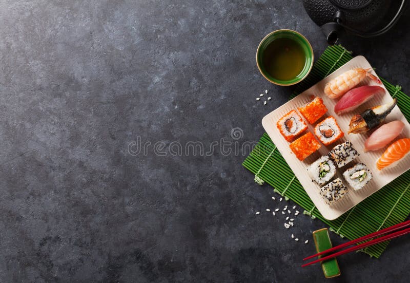 Set of Sushi, Maki and Green Tea Stock Photo Image of shrimp, maki