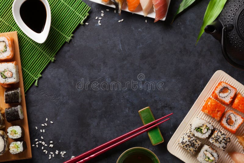 Set of Sushi and Maki Roll and Green Tea Stock Image Image of