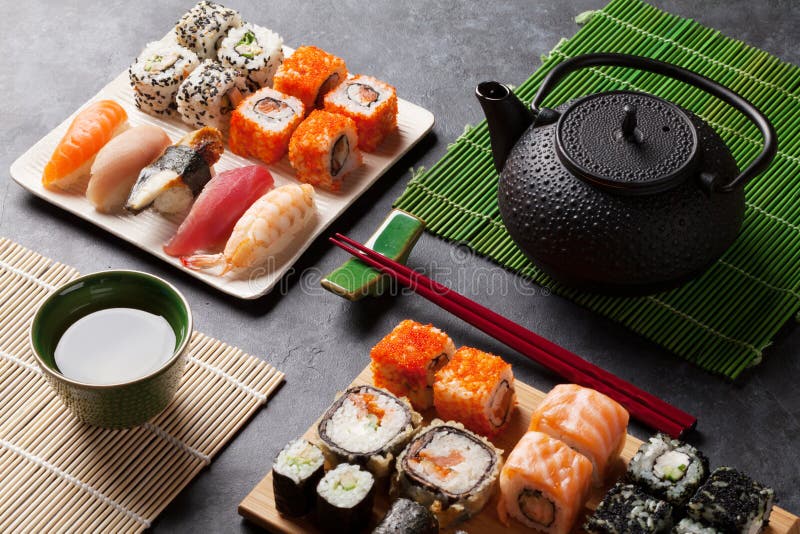 Set of Sushi and Maki Roll and Green Tea Stock Image Image of salmon