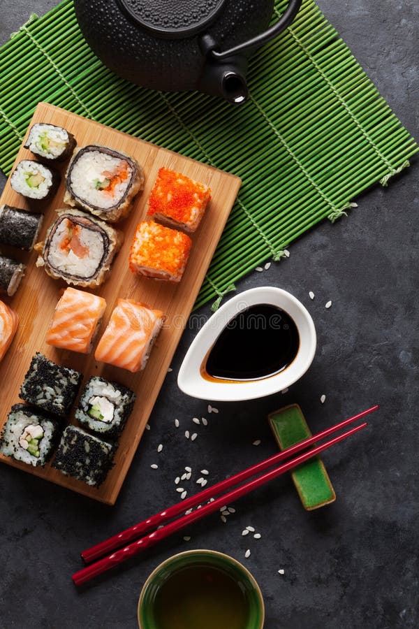 Set of Sushi and Maki Roll and Green Tea Stock Photo Image of meal
