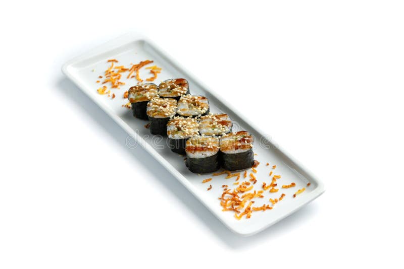 Set sushi on a rectangular plate on an isolated white background royalty free stock images Set sushi on a rectangular plate on an isolated white background royalty free stock images