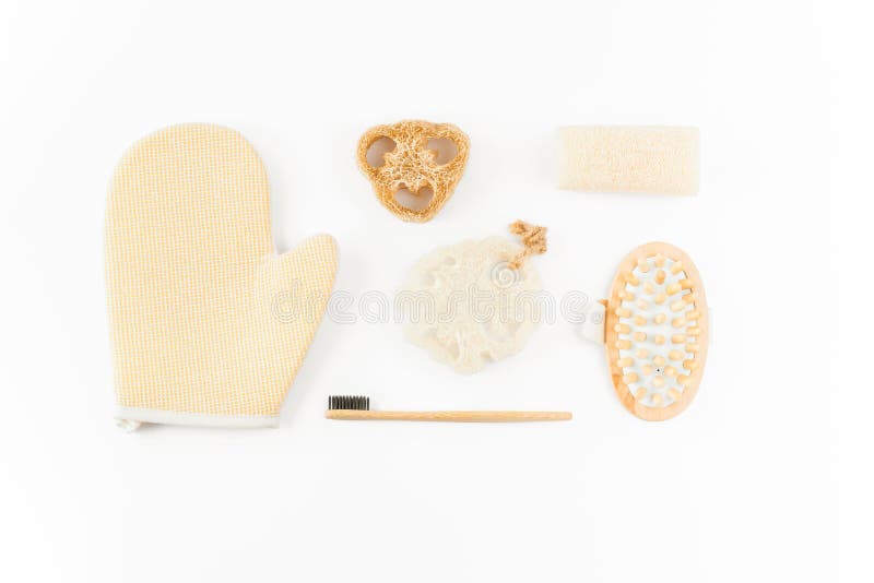 Set of sustainable toiletries and bathroom products on white background. Eco friendly concept