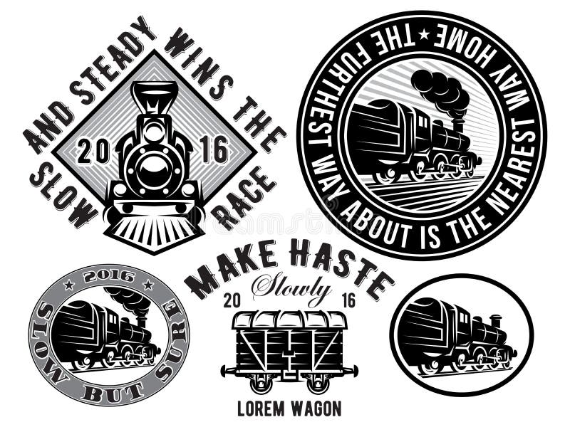 Set of vector templates with retro locomotive, wagon, vintage train, logotype, illustration to topic railroad. Set of vector templates with retro locomotive, wagon, vintage train, logotype, illustration to topic railroad