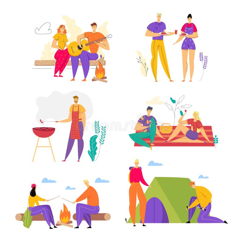 Set Szczęśliwe Kocha pary Wydaje czas, mężczyzn i kobiety Ma zabawę w campingu Wpólnie Outdoors, grill ilustracja wektor Set Szczęśliwe Kocha pary Wydaje czas, mężczyzn i kobiety Ma zabawę w campingu Wpólnie Outdoors, grill ilustracja wektor
