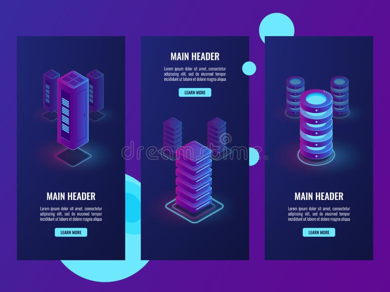 Set sztandary, serweru izbowego stojaka isometric wektor, networking teren, dane centrum, obłoczny magazyn, bazy danych ikona ilustracji Set sztandary, serweru izbowego stojaka isometric wektor, networking teren, dane centrum, obłoczny magazyn, bazy danych ikona ilustracji
