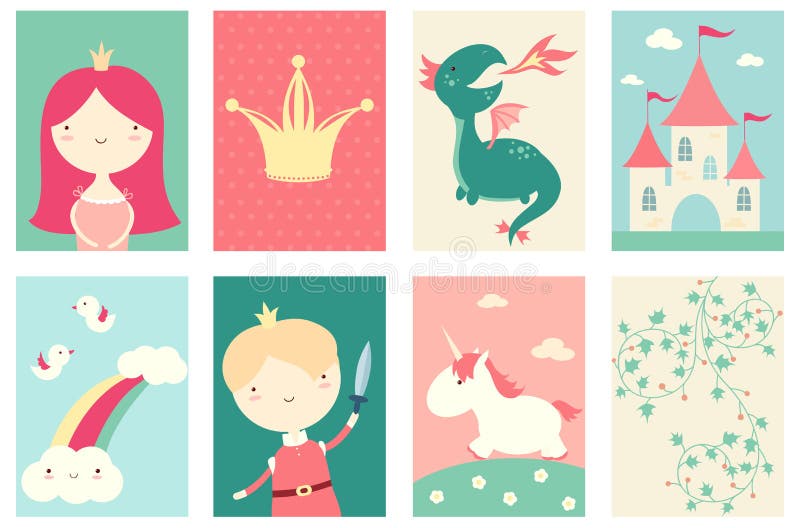 Set sztandary z ślicznymi baśniowymi charakterami ilustracji