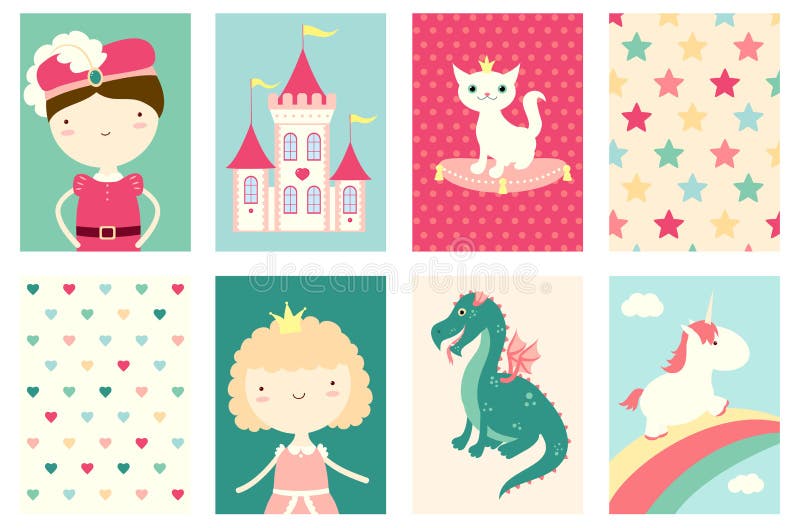 Set sztandary z ślicznymi baśniowymi charakterami ilustracji