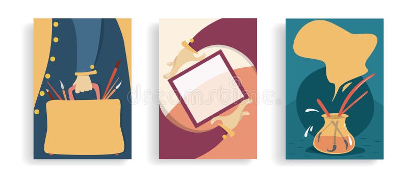 Set sztuka sztandary Wystawa, sztuk lekcje, rynek Poj?cie Kreskówek ręki z ramą, torbą z muśnięciami i artystami, _ royalty ilustracja Set sztuka sztandary Wystawa, sztuk lekcje, rynek Poj?cie Kreskówek ręki z ramą, torbą z muśnięciami i artystami, _ royalty ilustracja