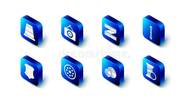 Set Tailor shop, Tape measure, Yarn, Sewing thread and button, ball, Leather and Thimble for sewing icon. Vector vector illustration