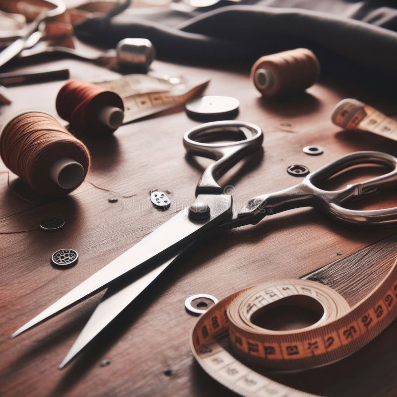 Set of Tailoring Sheers (scissors) Set on Fabric Cutting Table Stock