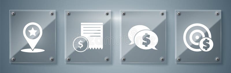 Set Target with dollar symbol, Speech bubble with dollar, Paper check and financial check and Map pointer with star royalty free illustration