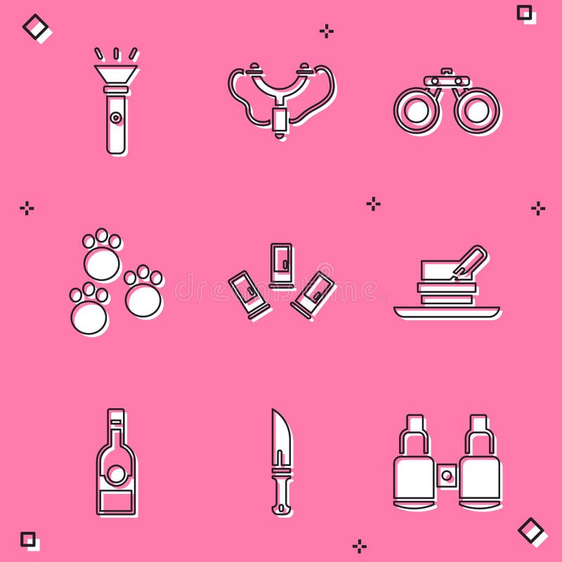 Taschenlampen-Ferngläser Pfoten-Druckkassetten Jäger mit Federflasche Wodka und Messer-Ikone vektor abbildung