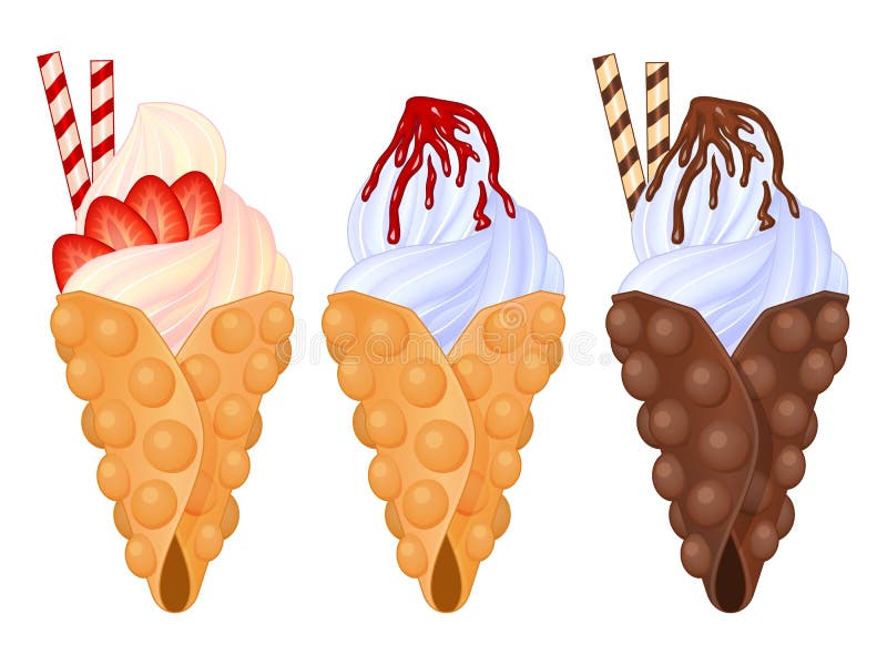 Set of Tasty Bubble Waffle Icons on White Background. Stock Vector