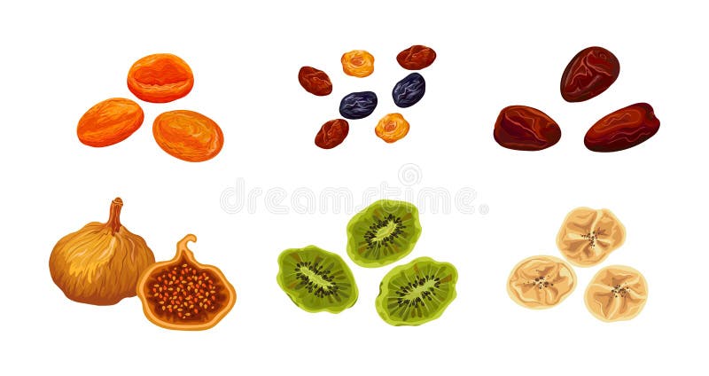 Set of Tasty Dried Fruits on White Background. Vector Dried Peach, Raisin,  Date, Fig, Kiwi and Banana in Cartoon Style Stock Vector - Illustration of  health, vitamin: 245553935