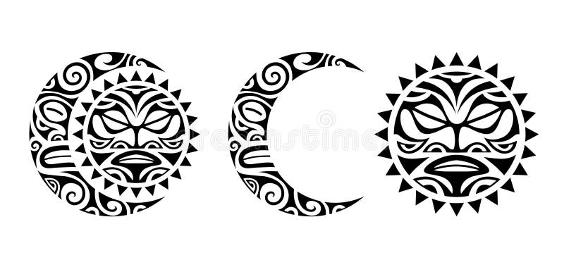 Set Of Tattoo Sketch Sun And Moon Maori Tribal Style Stock Vector Illustration Of Decoration Round