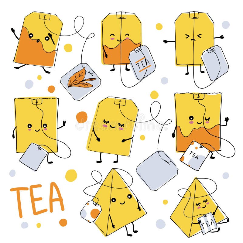 A Set of Tea Bags with Cute Doodle Style Faces Stock Vector
