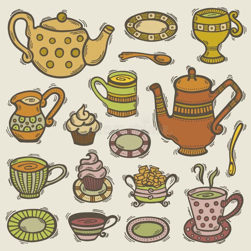 Illustration of hand drawn tea set with tea cups, teapots, sugar bowl, milk jug, plates, cupcakes and spoons. Illustration of hand drawn tea set with tea cups, teapots, sugar bowl, milk jug, plates, cupcakes and spoons.